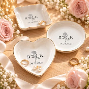 Personalized Wedding Ring Dish, Custom Couple Initials and Date, Ceramic Ring Holder, Engagement Gift, Bridal Keepsake, Rose Design