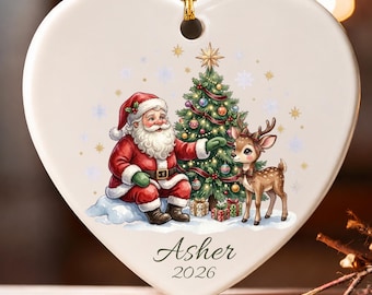 Personalized Santa Reindeer Christmas Ornament | Custom Name Xmas Tree Ornament | Cute Holiday Family Keepsake | Ceramic Acrylic Heart Gift