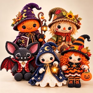 May include: Five crocheted dolls featuring a pumpkin-headed witch, a scarecrow, a bat with red wings, a ghost in a star-patterned cloak, and a witch with orange hair. Each doll wears seasonal attire, including hats, capes, and accessories.