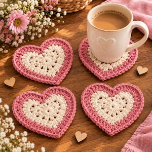 May include: Three heart-shaped crochet coasters featuring a cream-colored center with a radiating stitch pattern and a solid pink border. One coaster supports a light-colored ceramic mug filled with coffee, while small wooden heart cutouts are scattered.