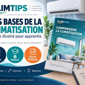 Può includere: Una guida digitale intitolata CLIMTIPS Les Bases de la Climatisation con 17 pagine, 6 moduli e in formato PDF. La copertina mostra un condizionatore in un soggiorno, con il testo Comprendre la Climatisation e Apprendre aujourd'hui pour des conforts durables. Include icone per schemi, esercizi e risposte.