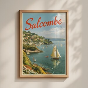 Salcombe Devon Vintage Travel Poster, Retro Sailing Harbour Wall Art Print