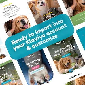 Puede incluir: Un collage digital de varias plantillas de marketing por correo electrónico para una marca de mascotas llamada Paw & Co, con fotografías de perros y gatos, texto promocional, códigos de descuento y botones de llamada a la acción, superpuesto con un gráfico grande de color verde azulado.