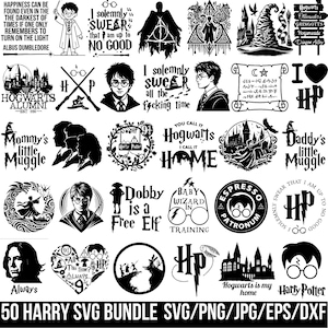 Peut inclure: Un ensemble de 50 motifs graphiques numériques en noir et blanc représentant des illustrations, silhouettes et typographies sur le thème de Harry Potter. Le lot inclut des icônes de châteaux, baguettes, lunettes et des citations comme I solemnly swear.