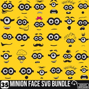 May include: A digital collection of 35 Minion faces on a yellow background, featuring various expressions, eye configurations, and hairstyles. The graphic includes a pink bow, mustaches, and diverse mouth shapes, labeled 35 MINION FACE SVG BUNDLE.
