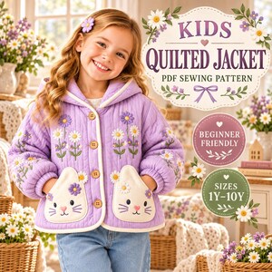 May include: A lavender quilted jacket with a hood, wooden buttons, and white cat-shaped pockets. The jacket features embroidered daisy and purple flower motifs. Text on the image reads: KIDS QUILTED JACKET PDF SEWING PATTERN, BEGINNER FRIENDLY, SIZES 1Y-10Y.