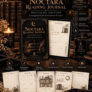 Könnte beinhalten: Das Noctara Reading Journal Deutsche Edition ist ein schwarzes Buch mit goldenen Himmelsmotiven, begleitet von einem digitalen Tablet, fünf gedruckten Einzelseiten, einer Kerze und einer Tasse, die Lese-Tracker-Layouts und Text zeigen.