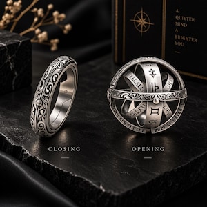 Può includere: Un anello in metallo color argento con intricate incisioni a volute. L'anello è mostrato in due stati: una fascia chiusa a sinistra etichettata CLOSING e una struttura sferica armillare multistrato aperta a destra etichettata OPENING.