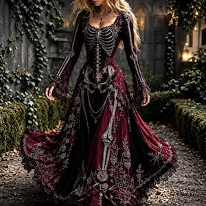 May include: A floor-length long-sleeve dress in deep burgundy and black, featuring a prominent white skeletal rib cage and pelvic bone print on the bodice and skirt. The garment includes intricate silver-toned embroidery, lace trim, and skull motifs.