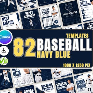 Puede incluir: Una colección de 82 plantillas de redes sociales de béisbol en azul marino con varios diseños para estadísticas de jugadores, alineaciones, calendarios de equipos y momentos destacados de partidos, presentados en formato de cuadrícula.