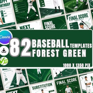 Può includere: Una collezione di 82 modelli di baseball verde foresta con varie grafiche per le partite, statistiche dei giocatori, formazioni iniziali e punteggi finali. Il testo recita 82 BASEBALL TEMPLATES FOREST GREEN 1080 X 1350 PIX con marchio Canva.