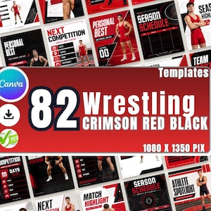 Könnte beinhalten: Eine Sammlung von 82 digitalen Social-Media-Vorlagen für das Ringen in einem Farbschema aus Karmesinrot und Schwarz. Die zentrale Grafik zeigt den Text 82 Wrestling CRIMSON RED BLACK und 1080 X 1350 PIX sowie verschiedene Wrestling-Layouts.