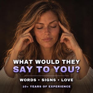 Peut inclure: Une personne aux longs cheveux ondulés a les yeux fermés et les doigts sur les tempes. Le texte indique : SAME HOUR, MEDIUM READING, WHAT WOULD THEY SAY TO YOU?, WORDS • SIGNS • LOVE, 10+ YEARS OF EXPERIENCE. Une bougie allumée est au premier plan.