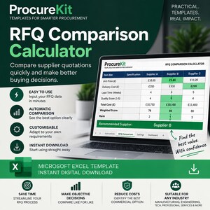 Puede incluir: Una plantilla digital de Microsoft Excel para una calculadora de comparación de RFQ mostrada en la pantalla de una computadora portátil. La interfaz presenta una tabla que compara cotizaciones de proveedores con columnas de precio y plazo.