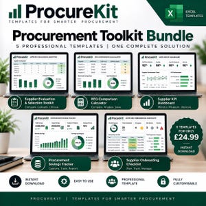 Op de afbeelding: Een digitaal inkooptoolkit-pakket met vijf professionele Excel-sjablonen weergegeven op laptopschermen. De bundel bevat een leveranciersevaluatie, een offertevergelijker, een KPI-dashboard, een besparingstracker en een onboarding-checklist.