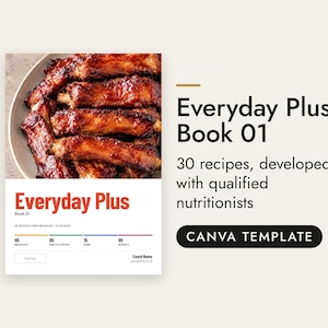 Könnte beinhalten: Eine digitale Rezeptbuchvorlage mit dem Titel Everyday Plus Book 01, die ein Foto von glasierten Rippchen auf einem Teller zeigt. Das Layout enthält Text über 30 von Ernährungswissenschaftlern entwickelte Rezepte und einen schwarzen Button mit der Aufschrift CANVA TEMPLATE.