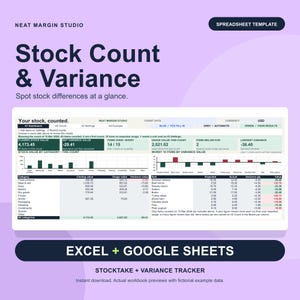Può includere: Un modello di foglio di calcolo digitale per il monitoraggio delle scorte e delle varianze. L'interfaccia mostra tabelle di dati, grafici a barre e metriche per la gestione dell'inventario, con testo che include Stock Count & Variance e Excel + Google Sheets.