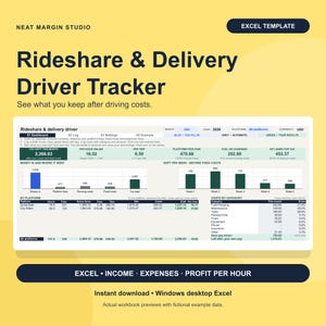 May include: A digital Excel template for a Rideshare & Delivery Driver Tracker on a yellow background. The interface displays financial dashboards, bar charts, and tables with columns for platform fees, fuel, and tax, using USD currency.