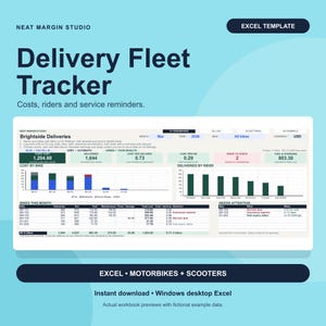 May include: A digital Excel template titled Delivery Fleet Tracker for managing costs, riders, and service reminders. The interface displays Brightside Deliveries data, including fleet costs, delivery metrics, bar charts, and a needs attention table.