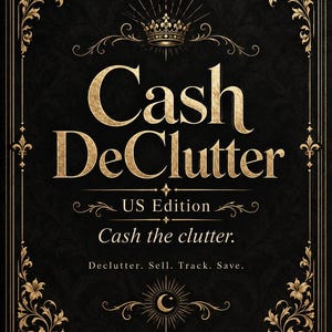 Könnte beinhalten: Ein schwarzer, rechteckiger Buchumschlag mit goldenen, verzierten Blumenrändern und einem Kronensymbol in der Mitte. Der Text lautet: Cash DeClutter, US Edition, Cash the clutter. Declutter. Sell. Track. Save. Ein Mondsichelsymbol befindet sich unten.