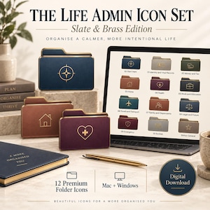 Pode incluir: O conjunto de ícones Life Admin Icon Set Slate & Brass Edition para download digital inclui 12 ícones de pasta premium para Mac e Windows. O conjunto apresenta pastas azul-escuras, castanhas e bordô com contornos e símbolos dourados.