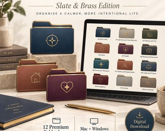 May include: The Life Admin Icon Set Slate & Brass Edition digital download includes 12 premium folder icons for Mac and Windows. The set features dark blue, brown, and maroon folders with gold outlines and symbols, displayed on a laptop screen.