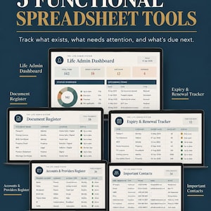 May include: A digital display showing 5 functional spreadsheet tools titled Life Admin Dashboard, Document Register, Expiry & Renewal Tracker, Accounts & Providers Register, and Important Contacts, with text tracking what exists and what is due.