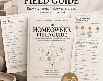 Puede incluir: The Homeowner Field Guide es un manual de 67 páginas, imprimible y rellenable, edición estadounidense. La portada presenta un icono de casa central rodeado de símbolos de servicios, con el título y subtítulo en negro sobre fondo beige.