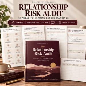 May include: A Relationship Risk Audit workbook with 72 pages, featuring a dark maroon cover with a landscape illustration of hills and a sun. The set includes printable and fillable PDF pages showing domain overviews, risk audits, and financial management charts.