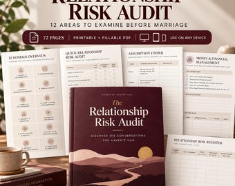 May include: A Relationship Risk Audit workbook with 72 pages, featuring a dark maroon cover with a landscape illustration of hills and a sun. The set includes printable and fillable PDF pages showing domain overviews, risk audits, and financial management charts.