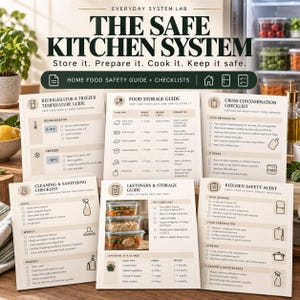May include: A set of six informational cards titled The Safe Kitchen System, featuring guides and checklists for food storage, temperature management, cross-contamination prevention, cleaning, and safety audits with icons and text in black and beige.