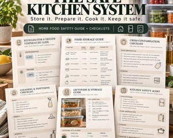 May include: A set of six informational cards titled The Safe Kitchen System, featuring guides and checklists for food storage, temperature management, cross-contamination prevention, cleaning, and safety audits with icons and text in black and beige.