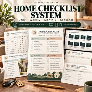 May include: A digital home checklist system featuring printable and fillable PDF documents. The set includes a maintenance calendar, inspection checklist, maintenance log, and emergency information sheet, all displayed with a gold pen and keys.
