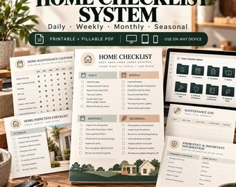 May include: A digital home checklist system featuring printable and fillable PDF documents. The set includes a maintenance calendar, inspection checklist, maintenance log, and emergency information sheet, all displayed with a gold pen and keys.