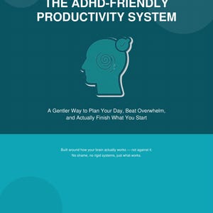 Op de afbeelding: Een talingkleurig digitaal document getiteld FOCUSED MIND CO. THE ADHD-FRIENDLY PRODUCTIVITY SYSTEM. Het bevat een gestileerd icoon van een menselijk hoofd met een spiraal en een vinkje, plus de tekst A Gentler Way to Plan Your Day, Beat Overwhelm, and Actually Finish What You Start.