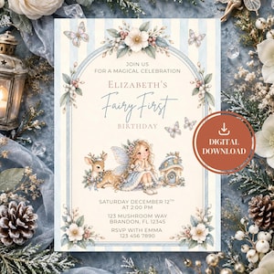 Winter Fairy First Birthday Invitation Template, Enchanted Garden Fairy Party Invite, Whimsical 1st Birthday Girl, Editable Canva Invite