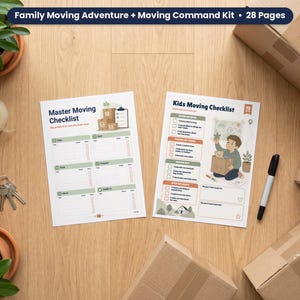 Könnte beinhalten: Ein 28-seitiges Family Moving Adventure and Moving Command Kit mit einer Master-Umzugscheckliste und einer Umzugscheckliste für Kinder. Die gedruckten Dokumente enthalten organisierte Aufgabenlisten, Kontrollkästchen und Illustrationen.