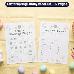 May include: An Easter Spring Family Reset Kit with 12 pages, featuring a Family Kindness Bingo sheet and an Egg Hunt Planner. The white paper sheets include pastel-colored illustrations of eggs, flowers, and leaves, with clear black text.