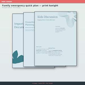 May include: A printable PDF kit titled Family emergency quick plan featuring three stacked pages with light blue backgrounds and dark blue text. The top page is headed Kids Discussion and includes sections for Trusted Adults, Who to Call, and Meeting Places.