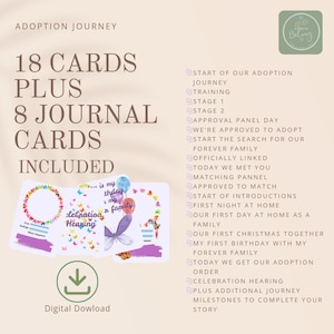 Può includere: Un set di download digitale contenente 18 carte del percorso di adozione e 8 carte diario. Le carte mostrano illustrazioni colorate di farfalle e palloncini con pietre miliari testuali come l'inizio del percorso di adozione e l'udienza.