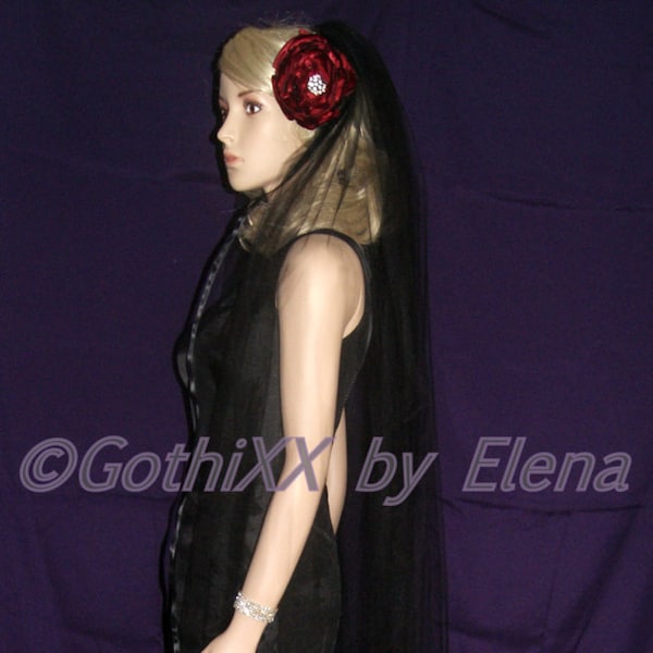 Gothic Waltz Knee Wedding Veil costume Halloween Mourning Black Red Purple Pink Beige White one tier 108" width 58" length satin ribbon edge