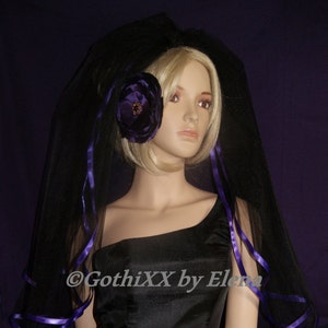 Gothic Black Elbow wedding veil costume two tiers 72 width 26 29 length purple satin ribbon edge image 1