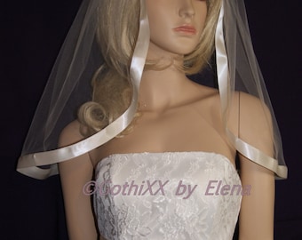 Wedding Veil Waltz Knee Black Red Purple Pink Lavender Blush Antique Gold Beige 3 tiers 72 width 30 40 50 length wide satin ribbon edge