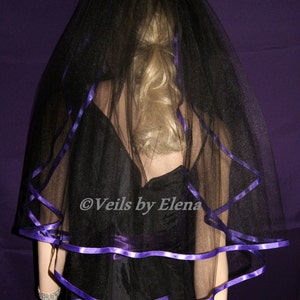 Gothic Black Elbow wedding veil costume two tiers 72 width 26 29 length purple satin ribbon edge image 4