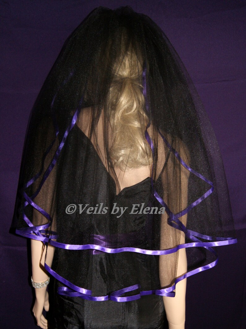 Gothic Black Elbow wedding veil costume two tiers 72 width 26 29 length purple satin ribbon edge image 4