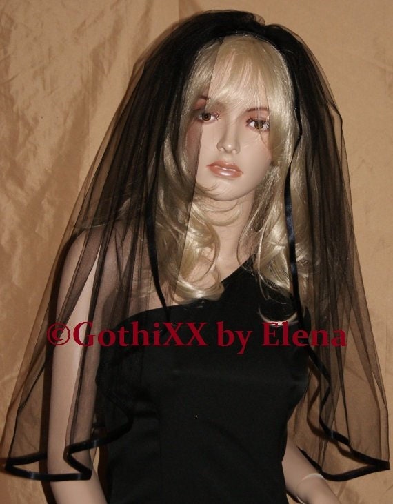 Wedding Bridal Veil Gothic Black Red Elbow Halloween Mourning Wide Satin Edge Wedding Bridal Veil Gothic Black Red Elbow Halloween Mourning Wide Satin Edge