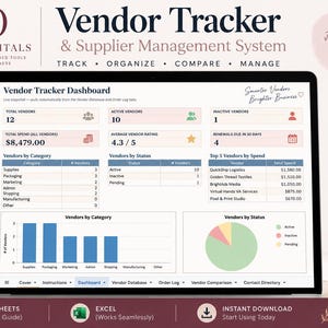 May include: A digital vendor tracker and supplier management system dashboard displayed on a laptop screen. The interface includes metrics for total vendors, spend, and ratings, alongside bar charts and pie charts for data visualisation and organisation.