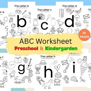 May include: A collection of black and white ABC worksheets for preschool and kindergarten featuring letters a through j. Each page includes a large letter and various line-art illustrations of objects starting with that letter. Text reads ABC Worksheet.