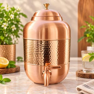 May include: A large, cylindrical copper water dispenser with a polished finish and a central hammered texture band. It features a matching copper lid with a small gold-toned knob on top and a functional copper spigot attached to the lower front section.