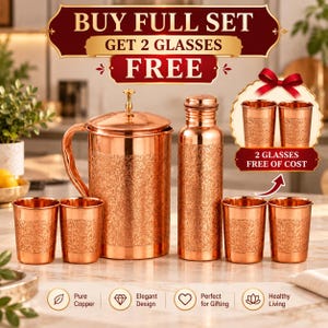 Vattenflaskset i 100 % ren koppar med 2 glas | Graverat koppar ayurvediskt Tamba-glas